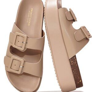 Women Sandals Cork Footbed Memory Foam Insole Platform Slip On Beach Shoes